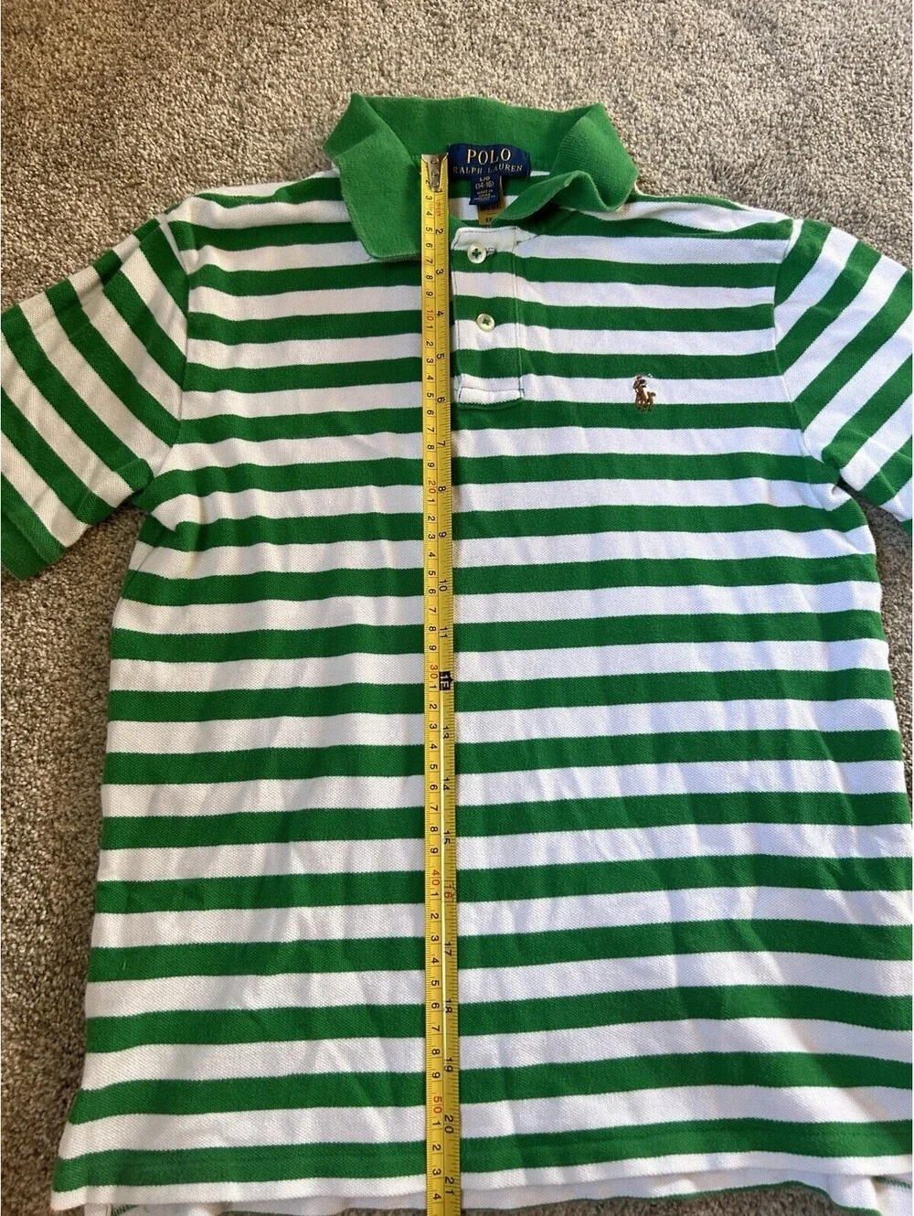 Polo Ralph Lauren Boys 100% Cotton Shirt Sz. L (14-16) Green White Striped Pony